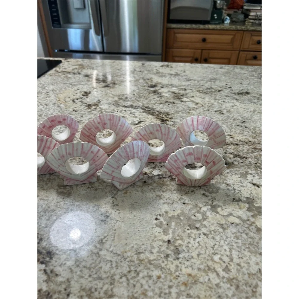Vintage Set of 8 Wood Shell Napkin Rings Pink White Coastal Seashell Holders